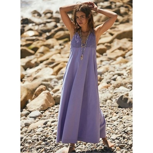 NWT Free People Lovey Maxi Dress Long Crochet Lace Summer Spring Purple Cotton - Picture 12 of 14